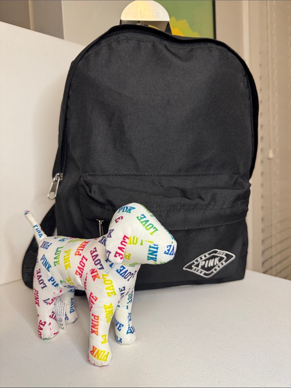 Y2K VS PINK Black Campus Backpack & Rainbow Love Pink Plush Dog Bundle
